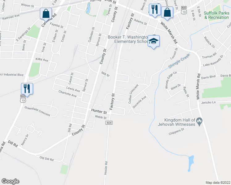map of restaurants, bars, coffee shops, grocery stores, and more near 610 Factory Street in Suffolk