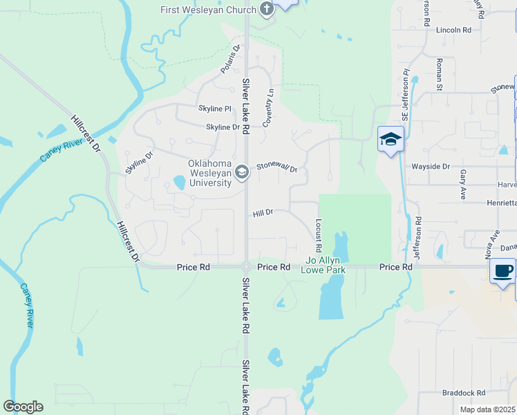 map of restaurants, bars, coffee shops, grocery stores, and more near 2306 Hill Drive in Bartlesville