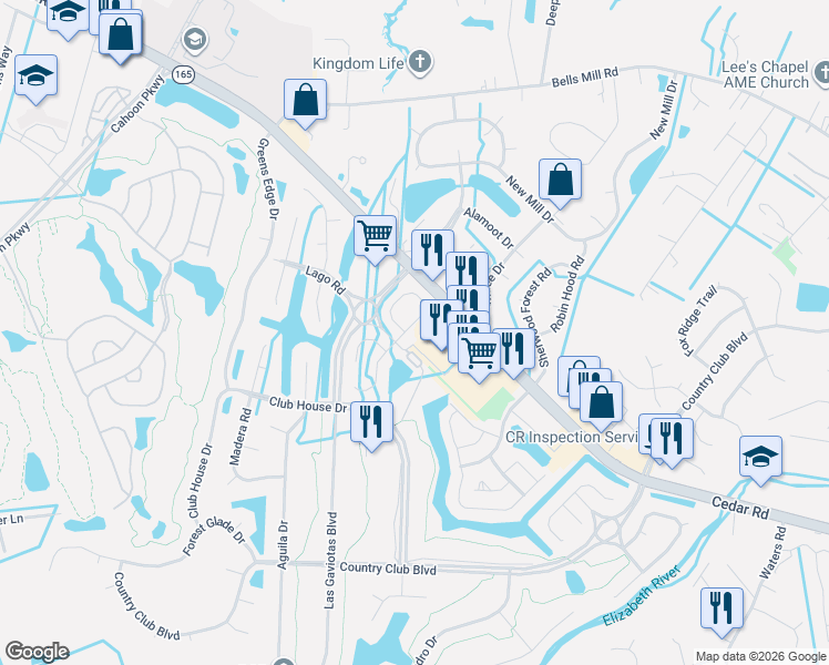 map of restaurants, bars, coffee shops, grocery stores, and more near 509 Brisa Drive in Chesapeake