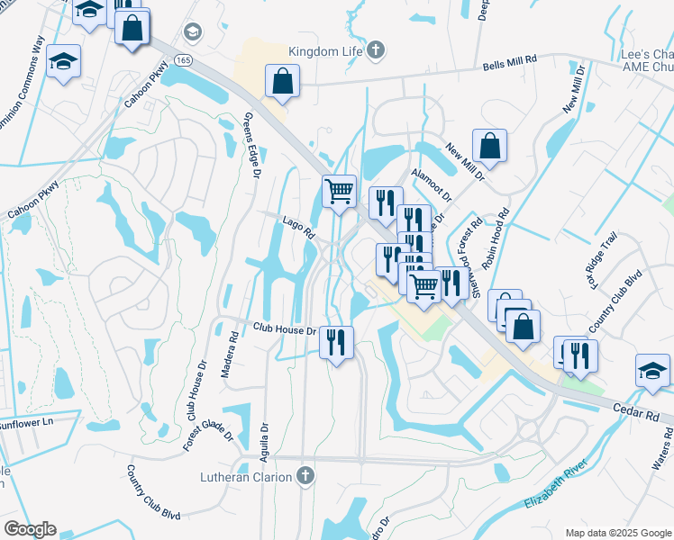 map of restaurants, bars, coffee shops, grocery stores, and more near 317 Brisa Drive in Chesapeake