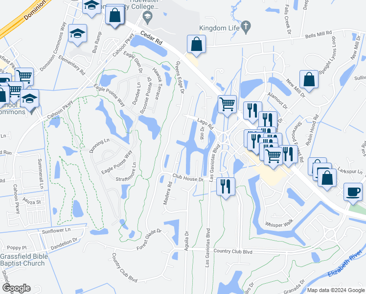map of restaurants, bars, coffee shops, grocery stores, and more near 412 Ventosa Drive in Chesapeake