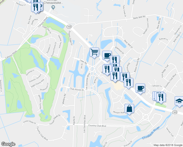 map of restaurants, bars, coffee shops, grocery stores, and more near 724 Sendero Court in Chesapeake