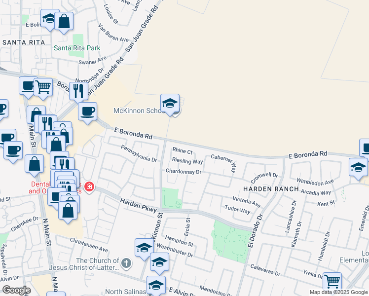 map of restaurants, bars, coffee shops, grocery stores, and more near 327 Rhine Court in Salinas