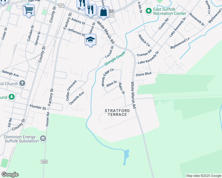 map of restaurants, bars, coffee shops, grocery stores, and more near 810 Cripple Creek Lane in Suffolk
