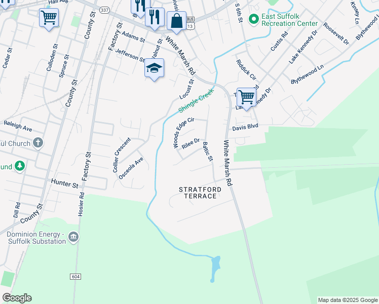 map of restaurants, bars, coffee shops, grocery stores, and more near 810 Cripple Creek Lane in Suffolk