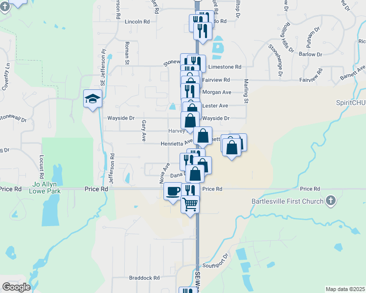 map of restaurants, bars, coffee shops, grocery stores, and more near 3612 Henrietta Avenue in Bartlesville