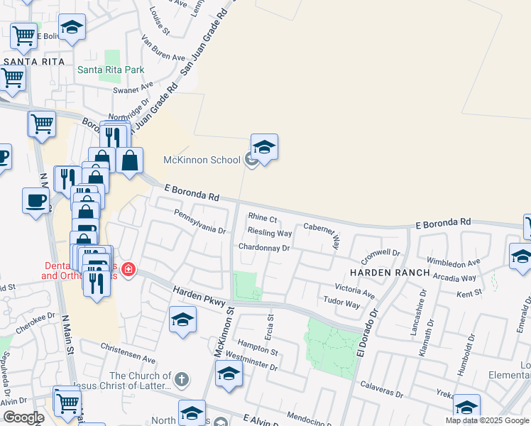 map of restaurants, bars, coffee shops, grocery stores, and more near 327 Rhine Court in Salinas