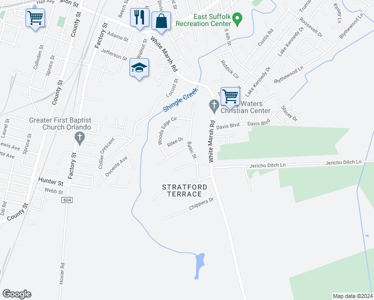 map of restaurants, bars, coffee shops, grocery stores, and more near 1321 Baltic Street in Suffolk