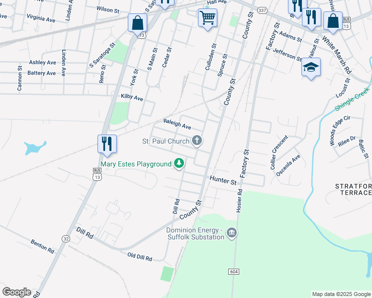 map of restaurants, bars, coffee shops, grocery stores, and more near 223 Lewis Avenue in Suffolk