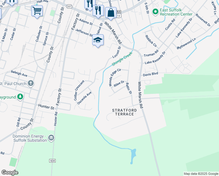 map of restaurants, bars, coffee shops, grocery stores, and more near 1242 Woods Edge Circle in Suffolk