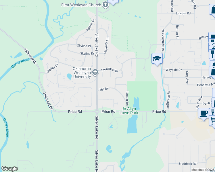 map of restaurants, bars, coffee shops, grocery stores, and more near 2306 Hill Drive in Bartlesville
