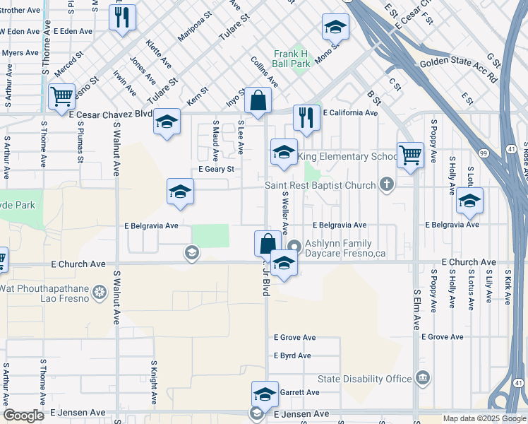 map of restaurants, bars, coffee shops, grocery stores, and more near 2318 South Martin Luther King Junior Boulevard in Fresno