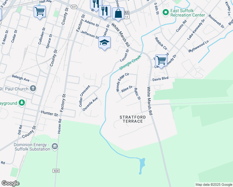 map of restaurants, bars, coffee shops, grocery stores, and more near 1242 Woods Edge Circle in Suffolk