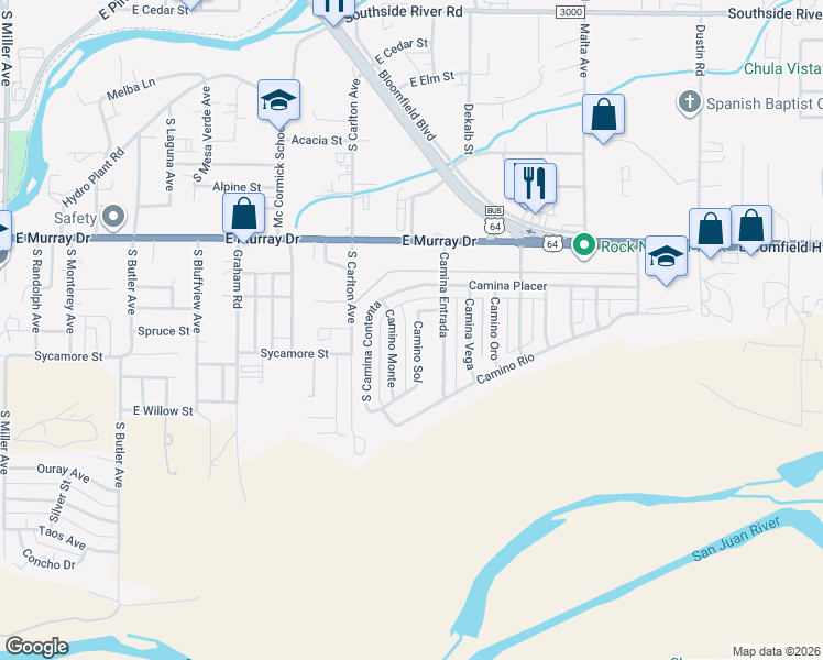 map of restaurants, bars, coffee shops, grocery stores, and more near 1301 Camino Sol in Farmington