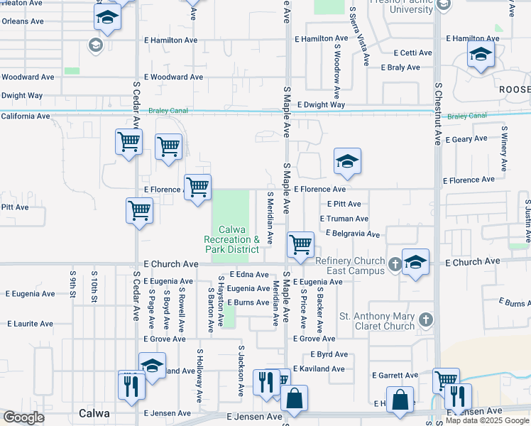 map of restaurants, bars, coffee shops, grocery stores, and more near 2326 South Meridian Avenue in Fresno