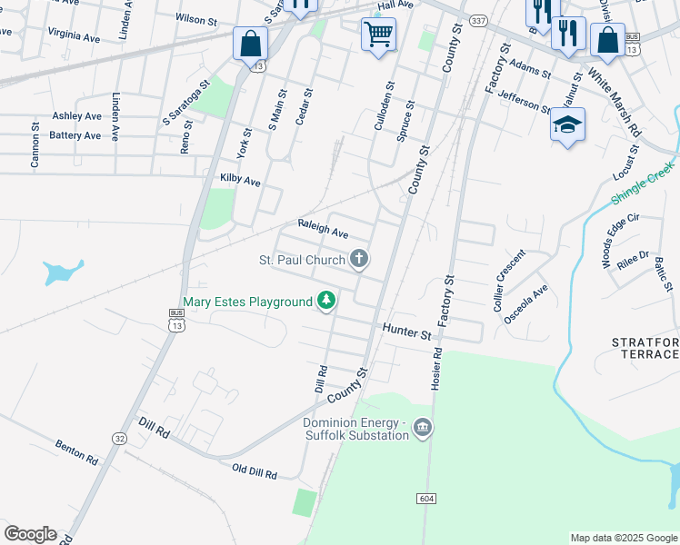 map of restaurants, bars, coffee shops, grocery stores, and more near 223 Lewis Avenue in Suffolk