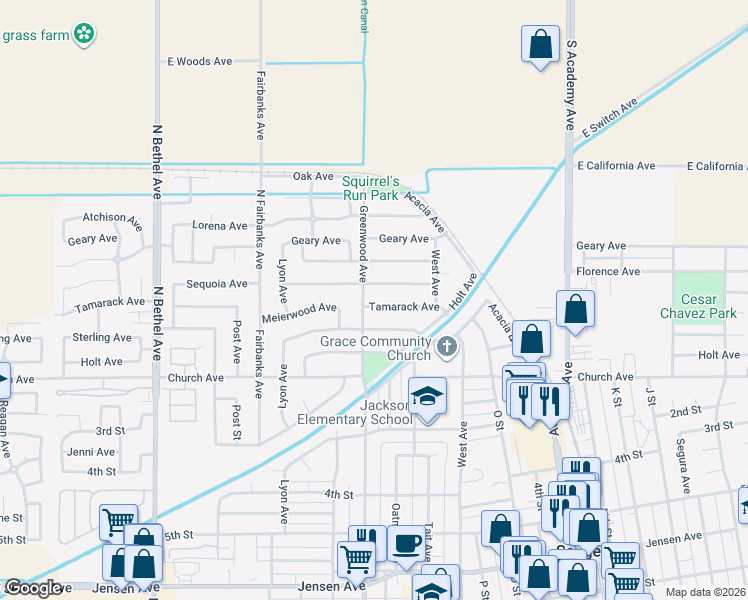 map of restaurants, bars, coffee shops, grocery stores, and more near 1975 Sequoia Avenue in Sanger