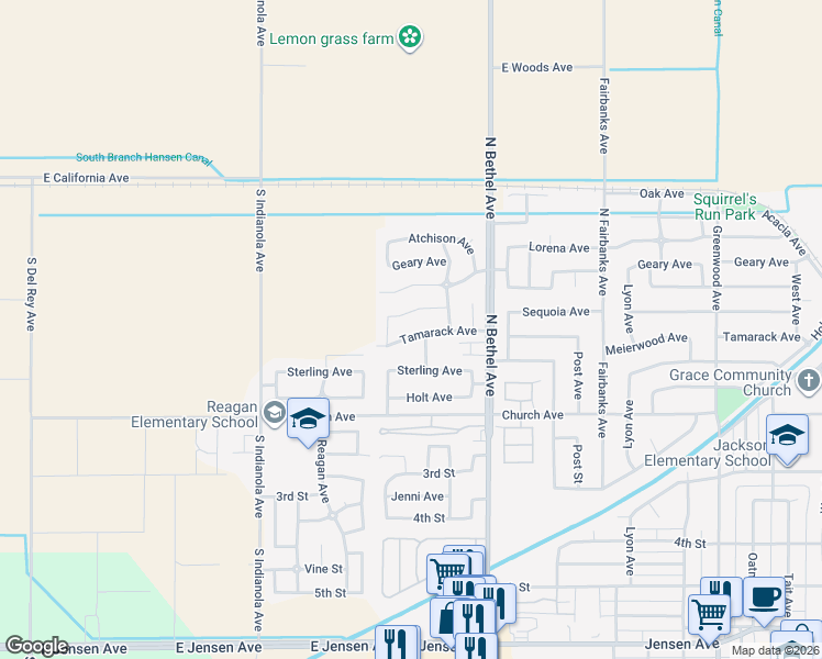 map of restaurants, bars, coffee shops, grocery stores, and more near 2787 Sequoia Avenue in Sanger