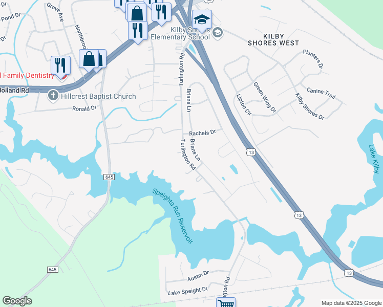 map of restaurants, bars, coffee shops, grocery stores, and more near 4012 Brian's Lane in Suffolk