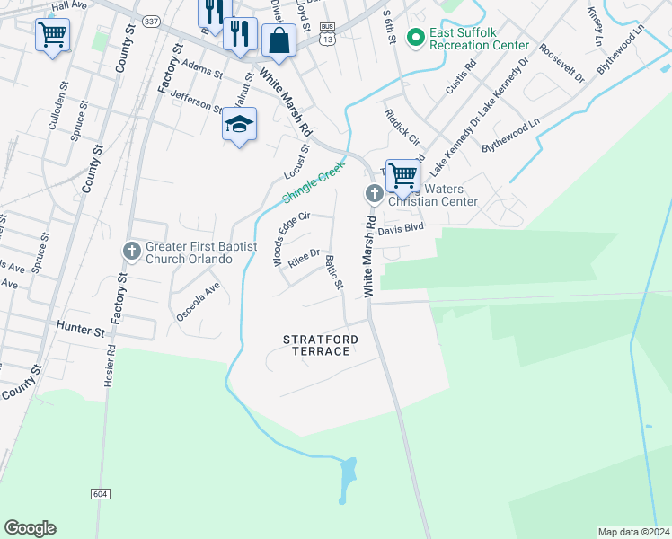 map of restaurants, bars, coffee shops, grocery stores, and more near 1320 Baltic Street in Suffolk
