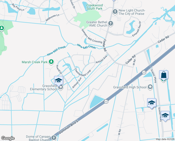 map of restaurants, bars, coffee shops, grocery stores, and more near 943 Artisan Avenue in Chesapeake