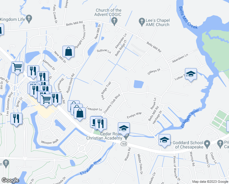 map of restaurants, bars, coffee shops, grocery stores, and more near 209 Timber Ridge Road in Chesapeake