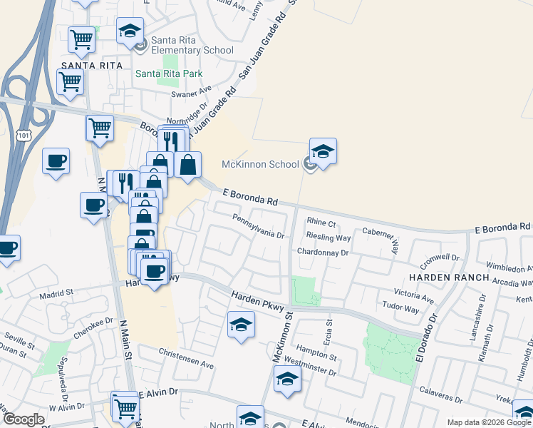 map of restaurants, bars, coffee shops, grocery stores, and more near 1938 Princeton Court in Salinas