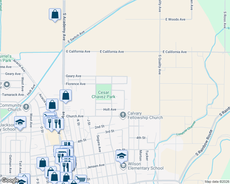 map of restaurants, bars, coffee shops, grocery stores, and more near 877 Sequoia Avenue in Sanger