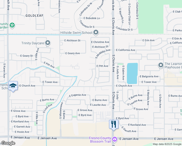 map of restaurants, bars, coffee shops, grocery stores, and more near 2348 South Playa Avenue in Fresno