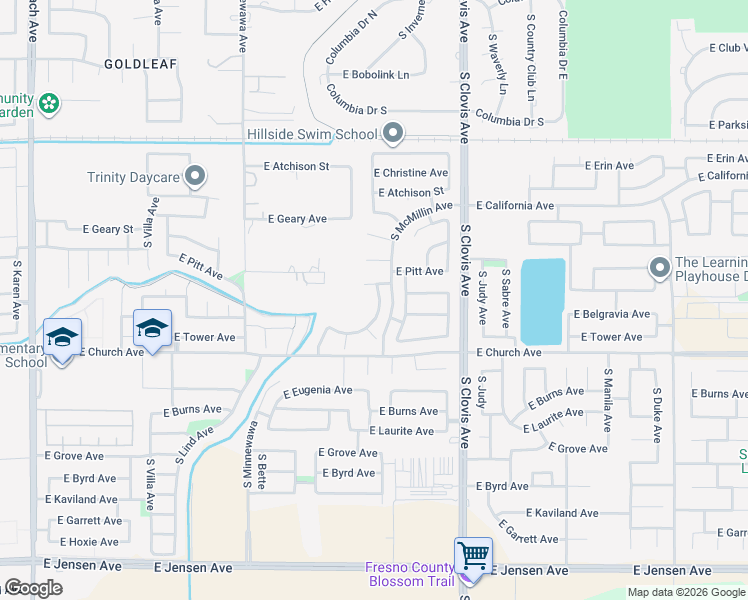 map of restaurants, bars, coffee shops, grocery stores, and more near 2348 South Playa Avenue in Fresno