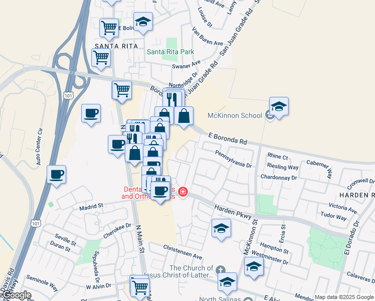 map of restaurants, bars, coffee shops, grocery stores, and more near 1907 Dartmouth Way in Salinas