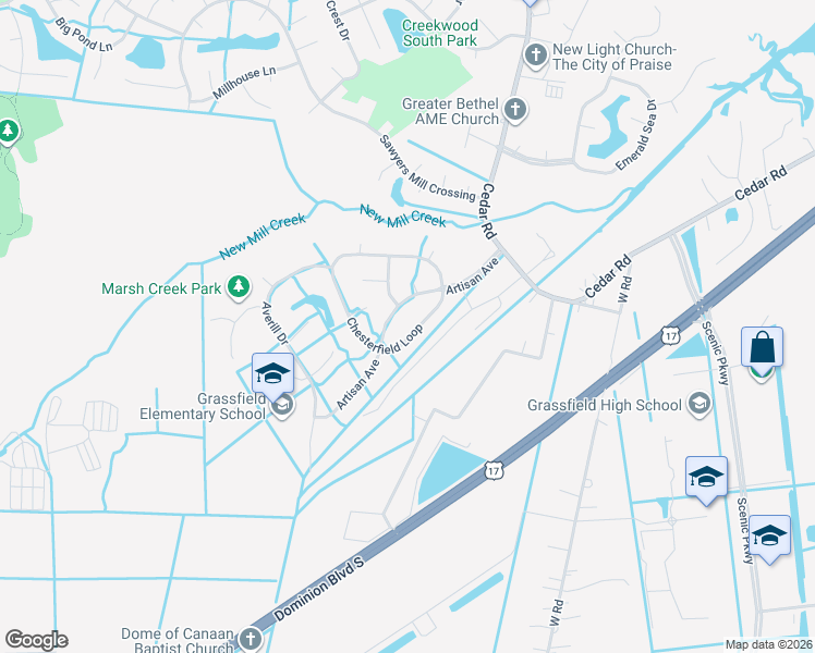 map of restaurants, bars, coffee shops, grocery stores, and more near 943 Artisan Avenue in Chesapeake