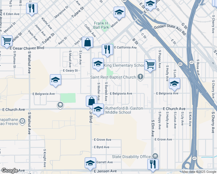 map of restaurants, bars, coffee shops, grocery stores, and more near 2329 South Bardell Avenue in Fresno