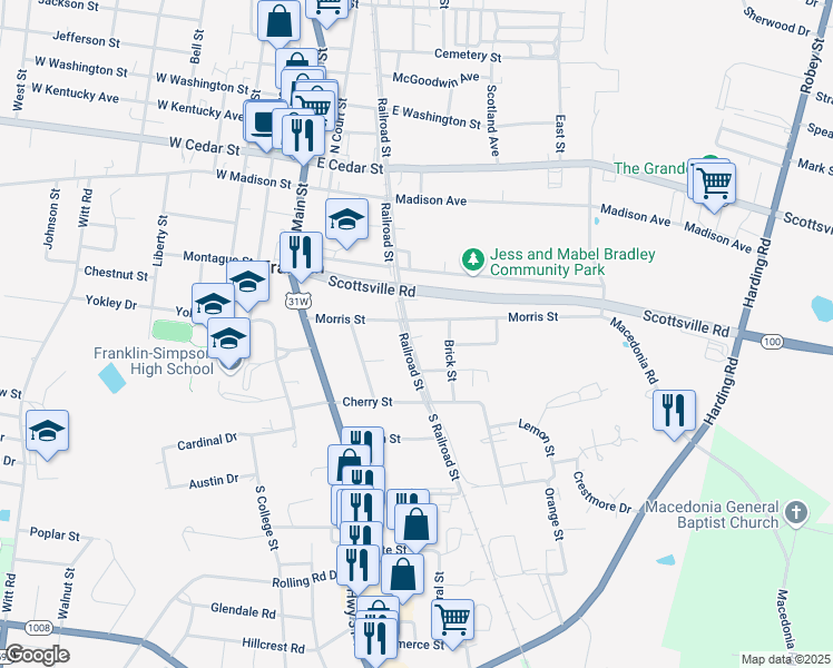 map of restaurants, bars, coffee shops, grocery stores, and more near 403 South Railroad Street in Franklin