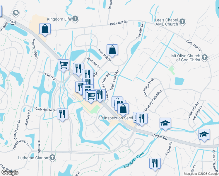 map of restaurants, bars, coffee shops, grocery stores, and more near 325 Sherwood Forest Road in Chesapeake