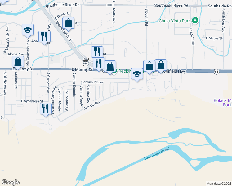 map of restaurants, bars, coffee shops, grocery stores, and more near 1212 Camino Morro in Farmington
