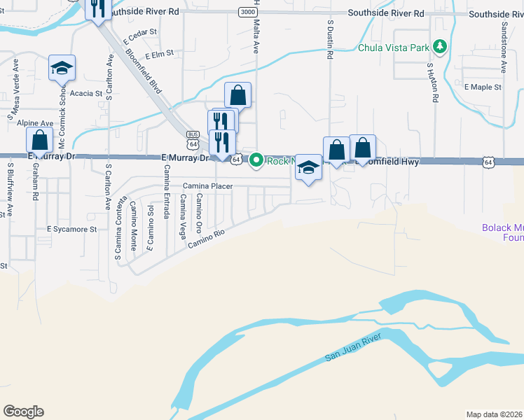 map of restaurants, bars, coffee shops, grocery stores, and more near 1212 Camino Morro in Farmington