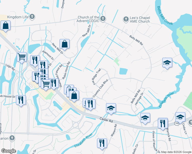 map of restaurants, bars, coffee shops, grocery stores, and more near 928 Foxridge Trail in Chesapeake