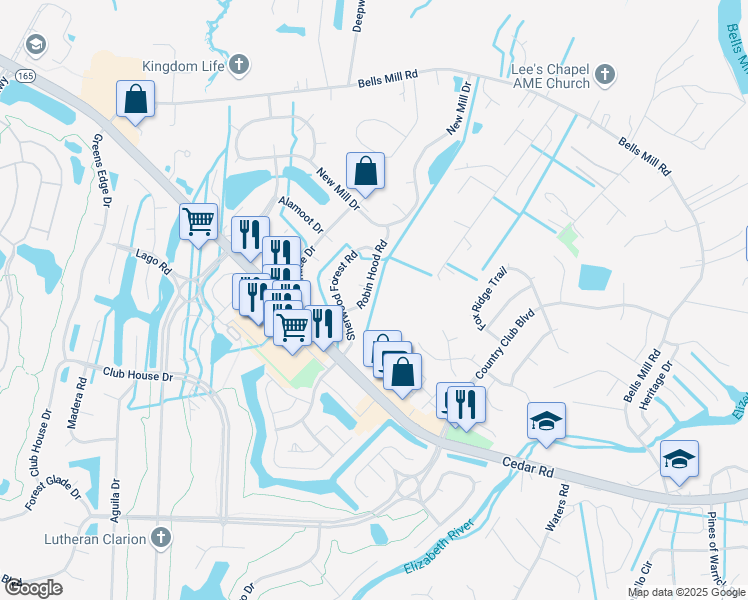 map of restaurants, bars, coffee shops, grocery stores, and more near 227 Robinhood Road in Chesapeake