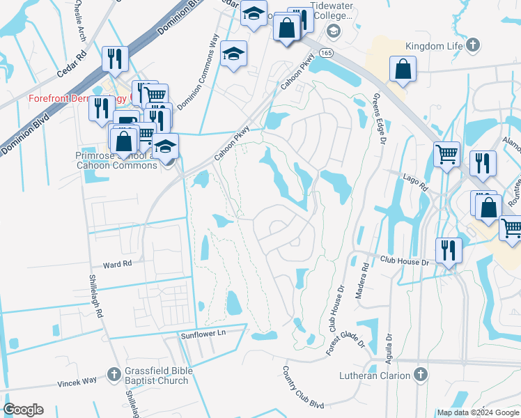 map of restaurants, bars, coffee shops, grocery stores, and more near 538 Dunning Lane in Chesapeake