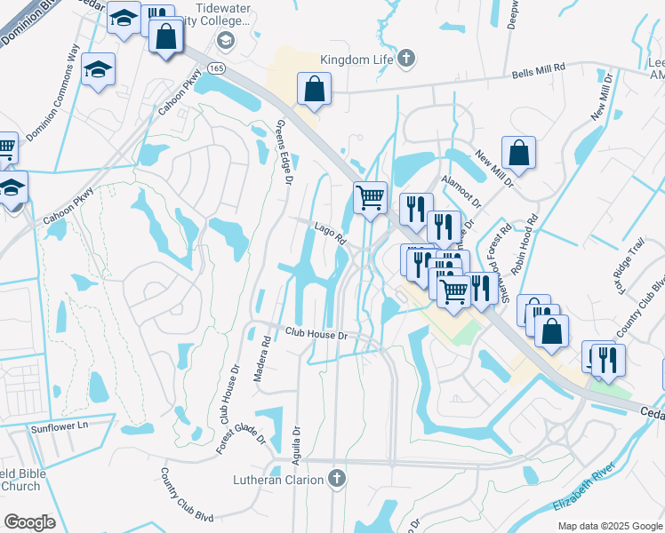 map of restaurants, bars, coffee shops, grocery stores, and more near 411 Rio Drive in Chesapeake