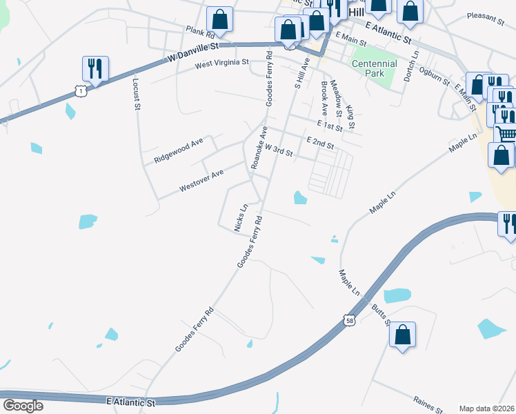 map of restaurants, bars, coffee shops, grocery stores, and more near 1015 South Hill Avenue in South Hill