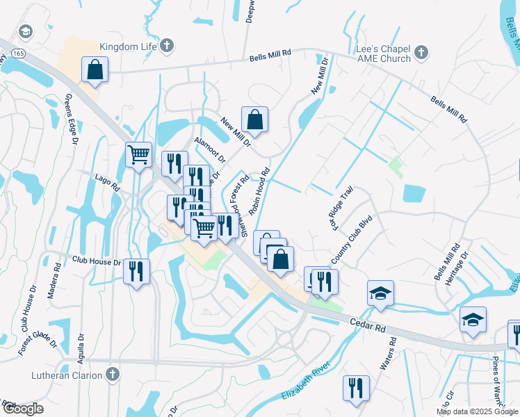map of restaurants, bars, coffee shops, grocery stores, and more near 227 Robinhood Road in Chesapeake