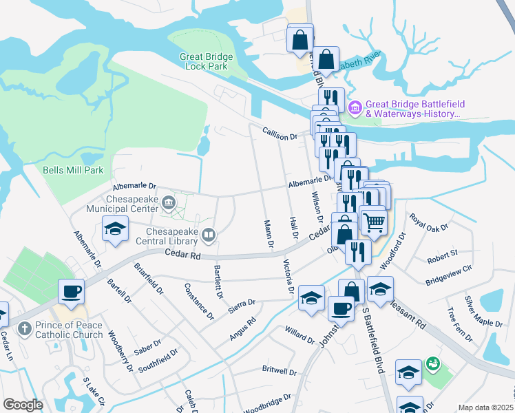 map of restaurants, bars, coffee shops, grocery stores, and more near 208 Mann Drive in Chesapeake