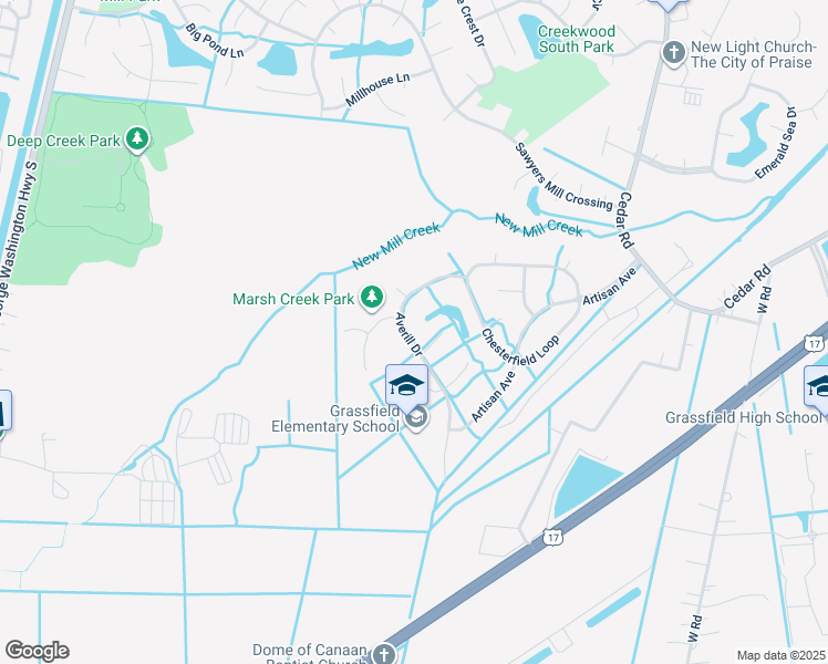 map of restaurants, bars, coffee shops, grocery stores, and more near 2221 Averill Drive in Chesapeake