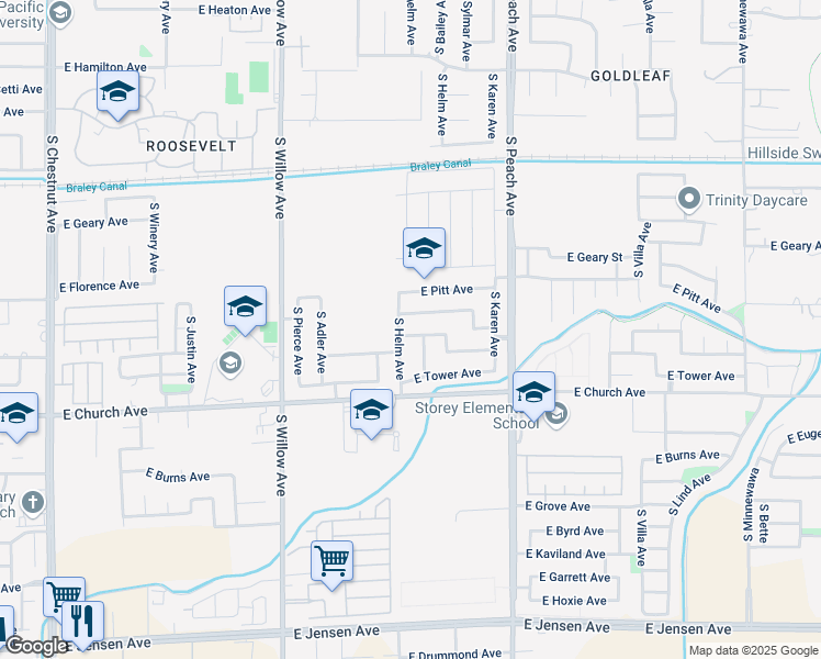 map of restaurants, bars, coffee shops, grocery stores, and more near 5107 East Belgravia Avenue in Fresno