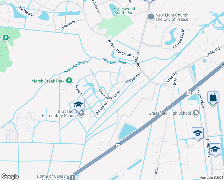 map of restaurants, bars, coffee shops, grocery stores, and more near 943 Artisan Avenue in Chesapeake