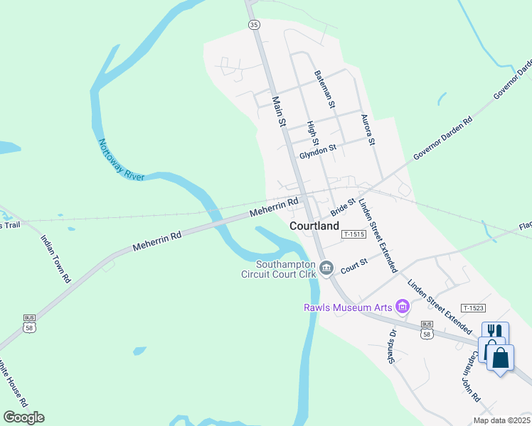 map of restaurants, bars, coffee shops, grocery stores, and more near 22473 Meherrin Road in Courtland