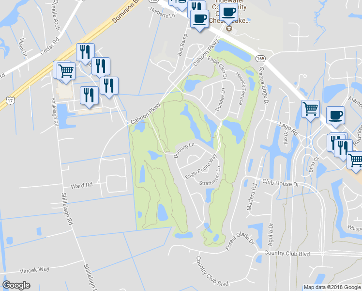 map of restaurants, bars, coffee shops, grocery stores, and more near 538 Dunning Lane in Chesapeake