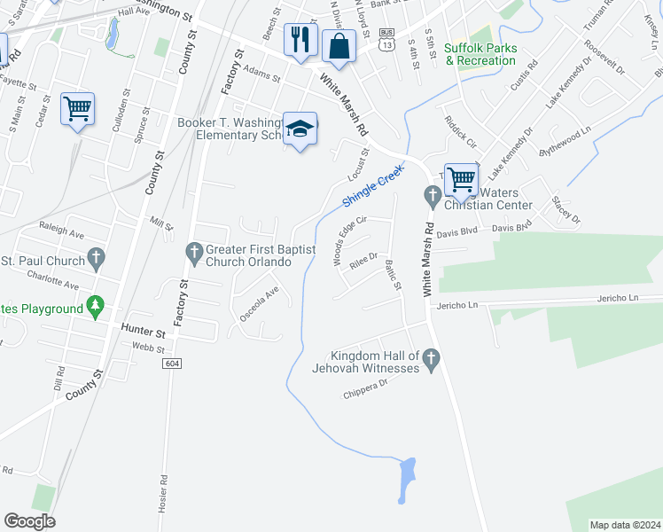 map of restaurants, bars, coffee shops, grocery stores, and more near 1238 Woods Edge Circle in Suffolk